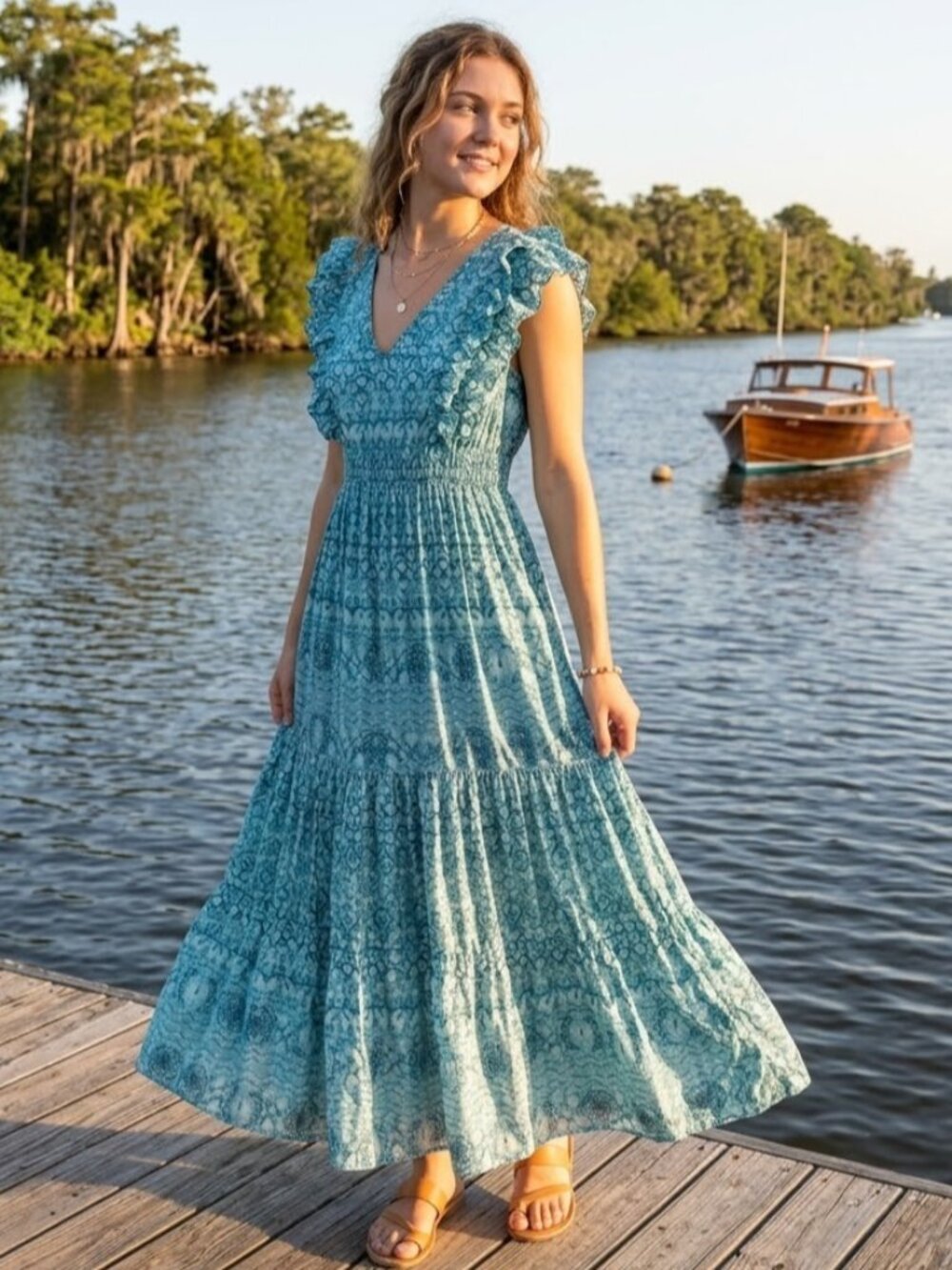 Sundance Womens Petite Small Teal Blue Cotton Boho Ruffle Tiered Maxi Dress Flaw